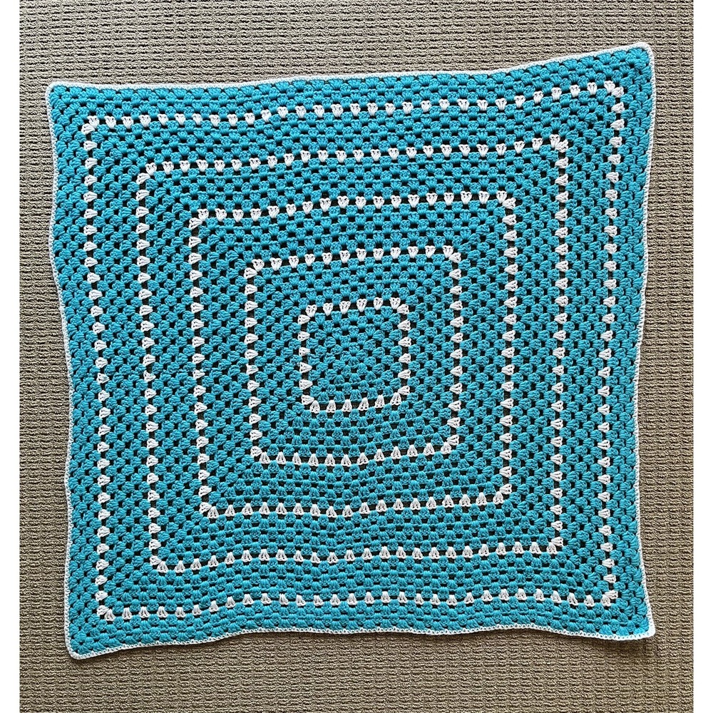 Handmade‎ Crochet Baby Blanket Afghan Teal Blue Green and White 41"x41"